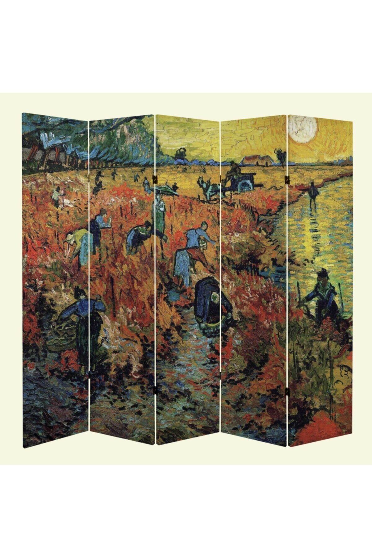 Vincent Van Gogh Red Vineyards 5 Kanatlı Oda Bölücü Çift Taraflı Kanvas Paravan