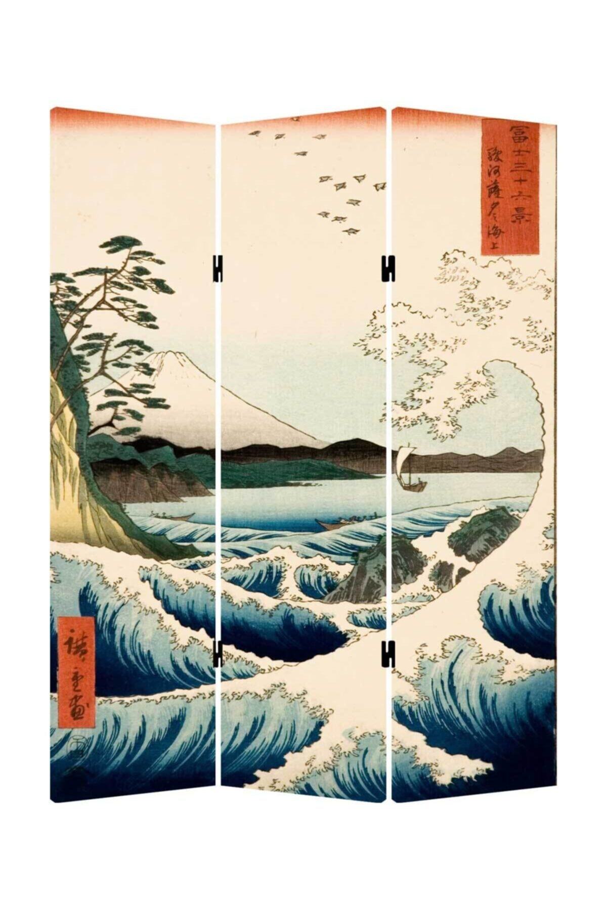Hiroshige 3 Kanatlı Oda Bölücü Çift Taraflı Kanvas Paravan